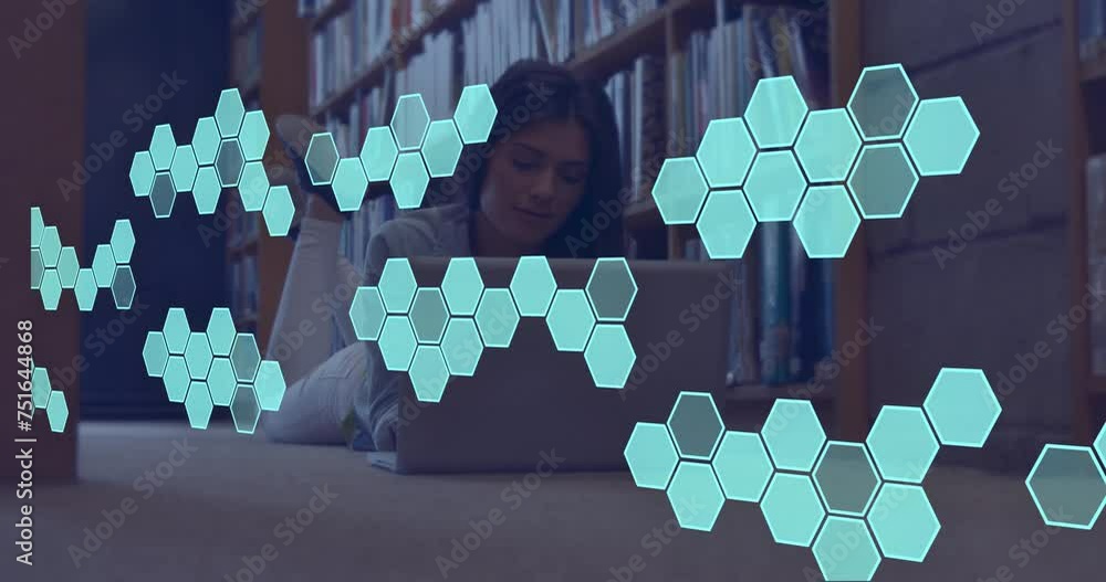 Poster animation of element structure over happy caucasian female student using laptop in library