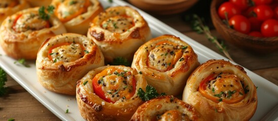 Delicious Assortment of Small Pastries Garnished with Fresh Tomatoes and Herbs on a Plate