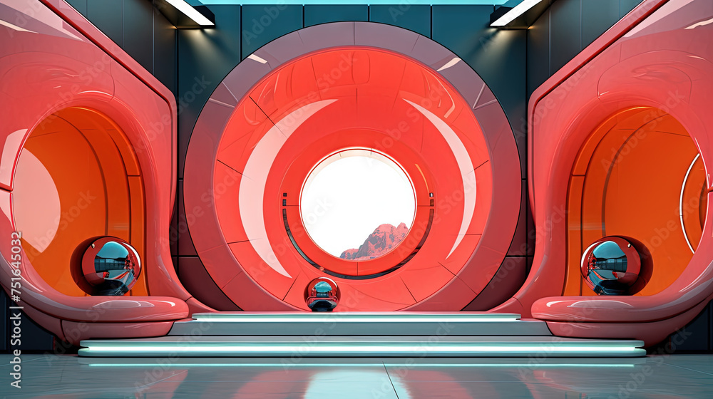 Aufkleber spaceship or lab interior in retro futuristic sci-fi style with round doors.