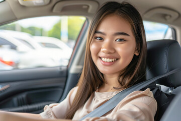 Safe and Joyful Travel: Asian Woman Smiles Behind the Wheel on a Road Trip. Generative AI.