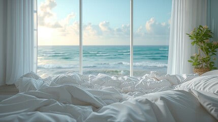 Seaside Serenity: Ocean View Bedroom, Crisp white bedding in a sunlit bedroom with an open window revealing a serene ocean view, evoking peace and relaxation