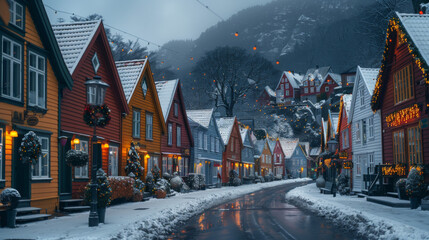 Panorama of historical buildings of Bergen at Christmas time. View of old wooden Hanseatic houses in Bergen. - obrazy, fototapety, plakaty