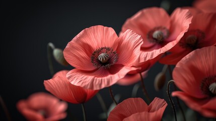 Elegant Red Poppies on Black, Close-up of delicate red poppies with detailed black centers against a dark backdrop, capturing the beauty of nature
