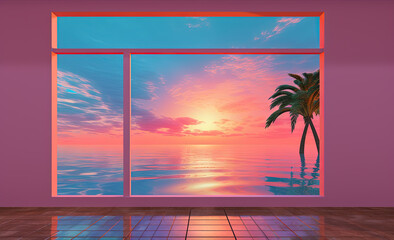 Open window with tropical landscape and ocean in y2k or vaporwave style. Pink sunrise in 90s style room, vacation calmness frame.