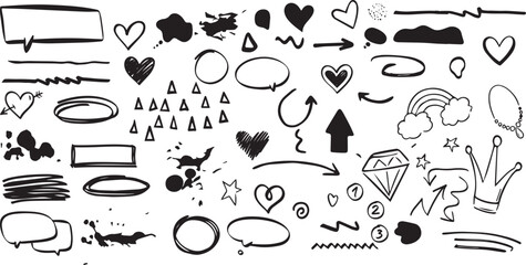 Sketch underline, emphasis, arrow shape set. Hand drawn brush stroke, highlight, speech bubble, underline, sparkle element. Vector illustration