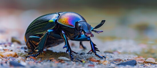 Vibrant rainbow colored beetle with a shimmering iridescent head in nature - Powered by Adobe