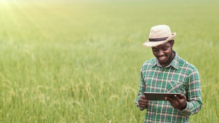 Naklejka na ściany i meble African farmer using tablet for research leaves of rice in organic farm field.Agriculture innovation and cultivation ideas