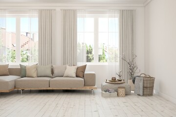 Fototapeta premium White scandinavian interior design with sofa. 3D illustration