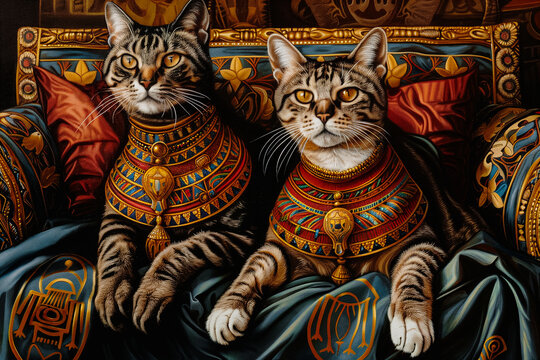 3D oil painting canvas style. Animal portrait, Pharaoh, Cat, Feline, Dressed, Ironic. THE PHARAOH CAT'S OFFSPRING. One of them was ready to reign in empire of feline pyramids from over 3000 years ago.