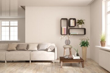 White living room with sofa. Scandinavian interior design. 3D illustration
