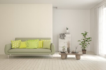 White living room with sofa. Scandinavian interior design. 3D illustration