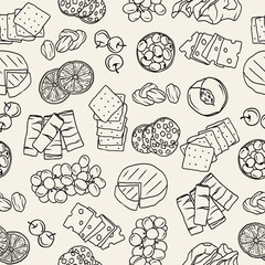 Doodle charcuterie board food seamless pattern