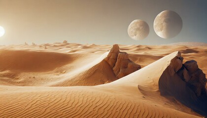 Imaginary planet landscape. Sand desert with gigantic dunes and mountains, two moons in the sky. - obrazy, fototapety, plakaty