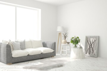 White living room with sofa. Scandinavian interior design. 3D illustration