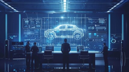 A group of automotive engineers discussing on the computer graphics of high-tech electric car model prototype. Using futuristic hologram screen with augmented reality
