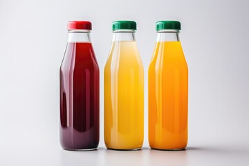 Bottles with multi-colored liquid or multifruit juice on a white background