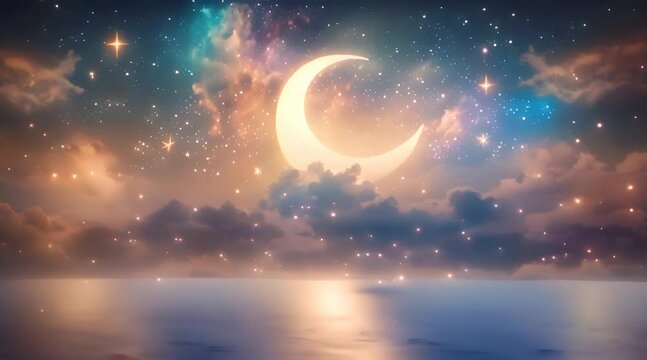 Ramadan Kareem background with crescent, stars and glowing clouds above serene sea