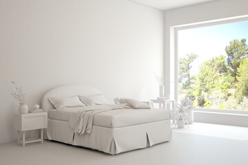 White bedroom interior design with summer landscape in window. Scandinavian interior design. 3D illustration