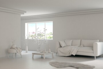White living room concept with sofa. 3D illustration