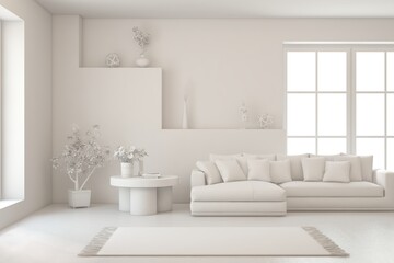 Grey interior design concept with furniture. 3D illustration