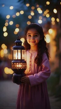 Girl with Ramadan lantern, fanus, with blurred string lights in the background