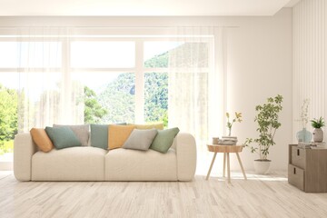 Contemporary classic white interior with furniture and decor and summer landscape in window. Scandinavian interior design. 3D illustration