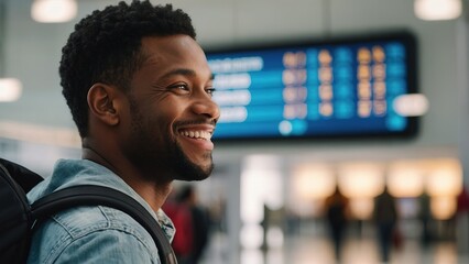 Black man in an airport terminal looking at flight information display board