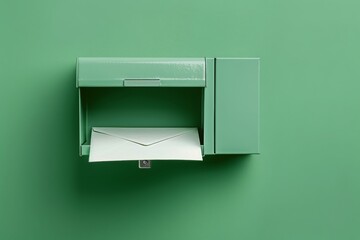 Minimalist green mailbox with an envelope on a green background, portraying communication or postal service concepts.


