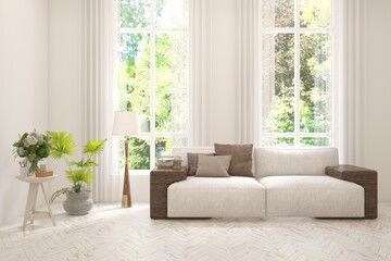 Fototapeta premium Contemporary classic white interior with furniture and decor and summer landscape in window. Scandinavian interior design. 3D illustration