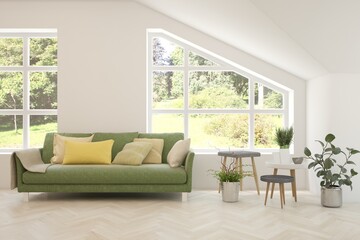 White living room with sofa and summer landscape in window. Scandinavian interior design. 3D illustration