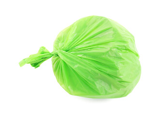 Green plastic garbage bag isolated on white, top view
