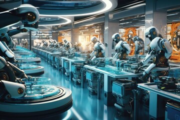 Robot assembly line in a futuristic factory. Factory 3D Concept: Automated Robot Arm Assembly Line Manufacturing, Ai generated