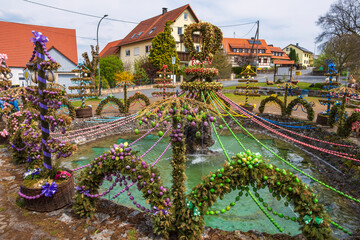 The beautifully decorated Easter fountain in Bieberbach Germany in Franconian Switzerland