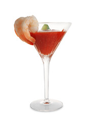 Tasty shrimp cocktail with sauce and lime in glass isolated on white