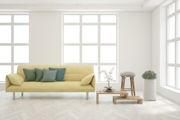 White living room with sofa. Scandinavian interior design. 3D illustration