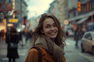 Fototapeta premium Young woman smiling on a bustling city street, encapsulating urban life and youthful optimism.