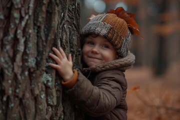 Smiling child in a cozy sweater hugging a tree in a charming autumn setting, emanating warmth and joy.

