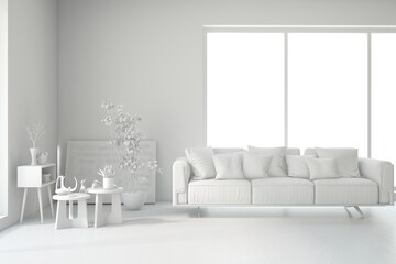 Grey living room concept with sofa. 3D illustration