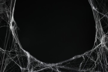 Creepy white cobweb on black background, space for text