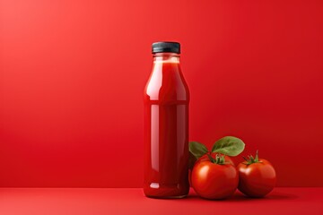 Bottle of fresh red tomato juice on a red background isolated