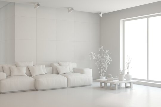 Grey interior design concept with furniture. 3D illustration