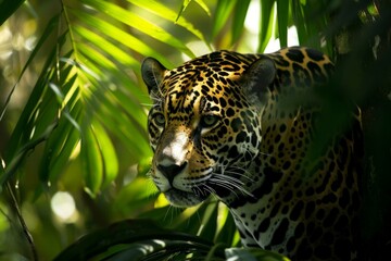 A jaguar silently stalking through the Amazon rainforest, its coat blending seamlessly with the dappled sunlight filtering through the canopy 