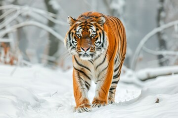 A majestic Siberian tiger walking through a snowy landscape, its orange and black stripes contrasting with the white snow 