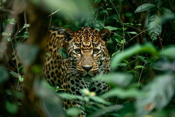 A leopard stealthily moving through the underbrush in a dense forest, showcasing its powerful physique and camouflage 