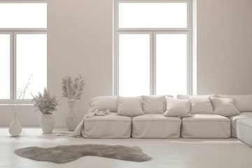 Obraz premium Grey interior design concept with furniture. 3D illustration