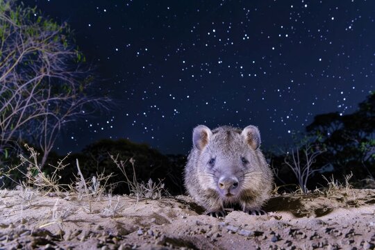 A northern hairy-nosed wombat emerging from its burrow under the starlit sky, highlighting its nocturnal activity 