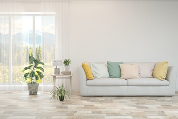 White modern interior design with sofa. Scandinavian interior design. 3D illustration