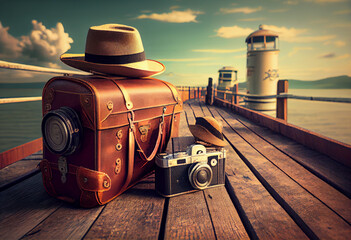 Vintage illustration, suitcase, hat and photo camera on a wooden pier waiting for a cruise. Vacation and travel concept. AI generated. - obrazy, fototapety, plakaty