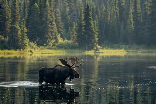 A solitary moose wading through a quiet, reflective lake in the forest, its towering antlers casting a striking silhouette 