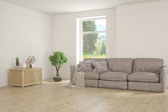 Fototapeta Contemporary classic white interior with furniture and decor and summer landscape in window. Scandinavian interior design. 3D illustration